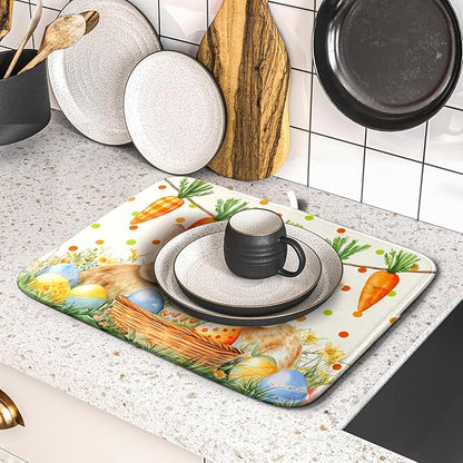 Giwawa Easter Bunny Dish Drying Mat Eggs Carrot Dishes Drainer Pad Absorbent Reversible Dish Rack Mat Protector for Kitchen Countertop 16x18 Inch