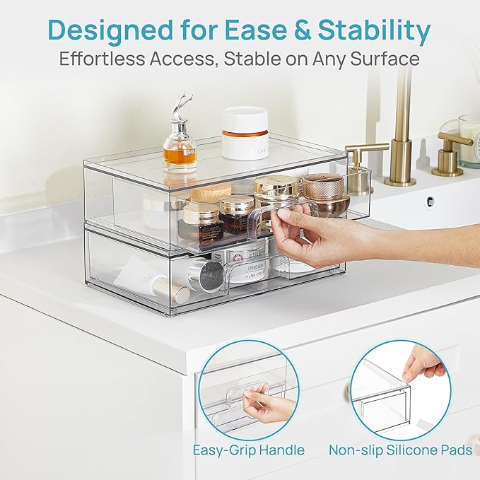 Vtopmart 12.1''W Clear Stackable Storage Drawers,4 Pack Acrylic Plastic Organizers Bins for Makeup Palettes, Cosmetics, and Beauty Supplies,Ideal for Vanity, Bathroom,Cabinet,Desk Organization - Image 7
