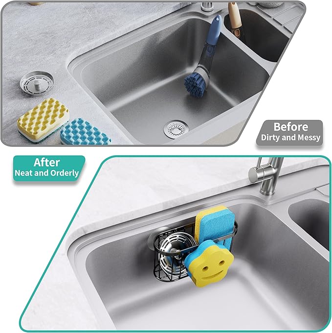 HapiRm Sink Caddy Sponge Holder - 2 Installation Ways Kitchen Sink Organizer with Smiley Face Sponge Holder, Stainless Steel Kitchen Caddy - Black - Image 7