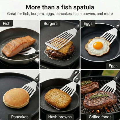 Stainless Steel Fish Spatula, 12.2" Slotted Metal Turner with Heat-Resistant PP Handle, Thin Beveled Edge, Sturdy 1.2 mm Blade for Fish, Burgers, Eggs, Pancakes, Cast Iron & Grill
