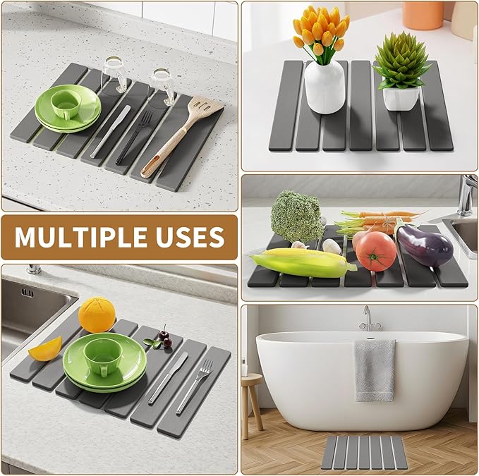 Stone Dish Drying Mat for Kitchen Counter,15.5''x11.8'' Foldable Quick Dry Stone Kitchen Mat,Eco-Friendly,Absorbent Diatomaceous Earth Mats for Dishes Bottles Cups Bathroom Any Countertop-Dark Gray - Image 7