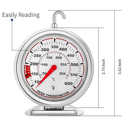 Extra Large 3" Oven Thermometer with Easy-Read Dial | Accurate Oven Temperature Reading | Dual Scale 100°F-600°F & -40°C-310°C | for Gas/Electric Ovens, Grill, BBQ, Baking, Meat