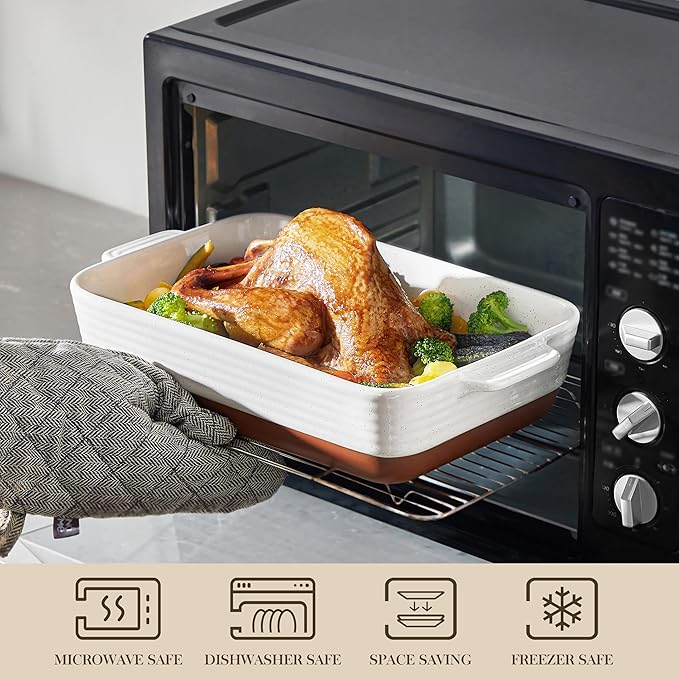 MALACASA Baking Dish 4.8 Qt Ceramic Casserole & Lasagna Pan, 9x13 Inch Deep Rectangular Oven Safe Dish with Handles for Baking, Roasting, Serving (Khaki & White) - Series Tara - Image 4