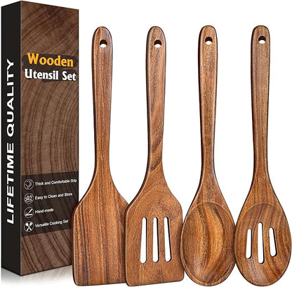 4Pcs Wooden Spatula for Cooking, Acacia Wooden Spatula for Kitchen Use, Nonstick Cookware Safe Utensils Set for Cooking, Mixing, Serving, Draining, Ideal Cooking Utensils Gift by Unknown