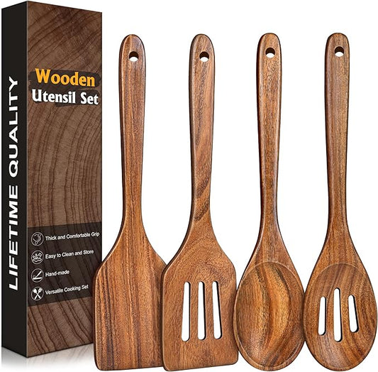 4Pcs Wooden Spatula for Cooking, Acacia Wooden Spatula for Kitchen Use, Nonstick Cookware Safe Utensils Set for Cooking, Mixing, Serving, Draining, Ideal Cooking Utensils Gift by Unknown