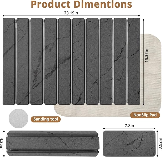 2 PCS Large Stone Dish Drying Mat for Kitchen Counter, Marbled Quick Dry Stone Dish Mats, Diatomaceous Earth Drying Pad, Foldable and Super Absorbent Dish Drying Stone Mat (Dark Gray 24"×16" & 8"×4") - Image 2