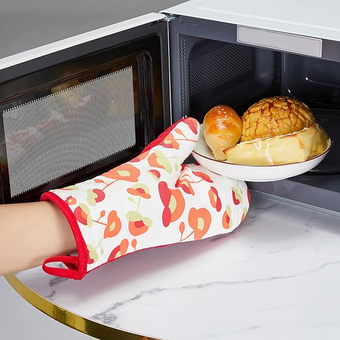 Oven Mitts and Potholders Dish Towles Set 100% Cotton for Perfect for Gifting, Baking, and Everyday Cooking Durable Heat Resistant for Kitchen and Machine Washable (3-Piece Red Flower) - Image 2