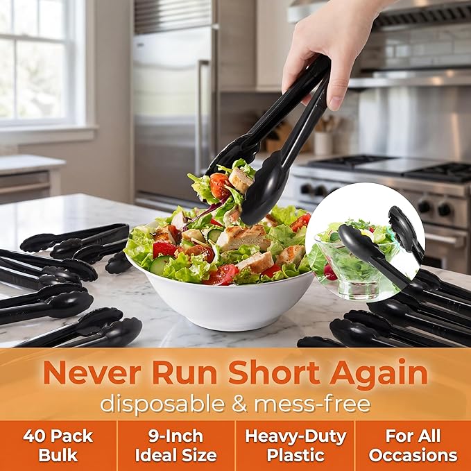 40 Pack Plastic Tongs for Serving, 9" Disposable Buffet Tong, Heavy Duty Scalloped Serving Utensil Tongs, Bulk Charcuterie Accessories for Party Events Catering Kitchen BBQ Ice Salad, Black - Image 5