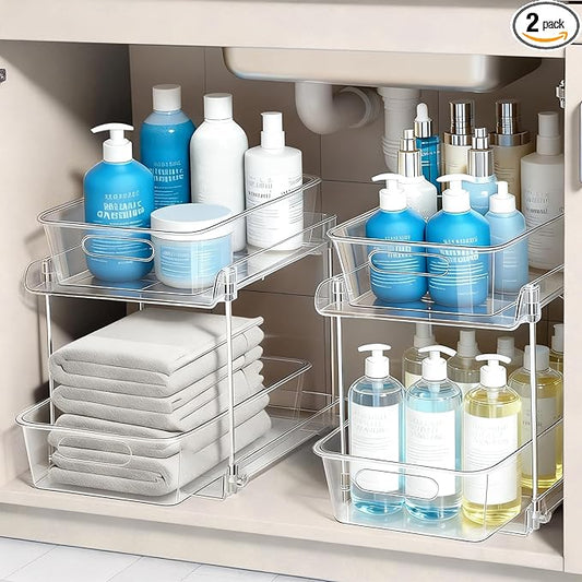 2 Tier Under Sink Organizer Bathroom Organizers and Storage, Clear Stackable Bathroom Cabinet Organizer, Multipurpose Pull-Out Home Organizer for Kitchen and Pantry Storage 2 Pack