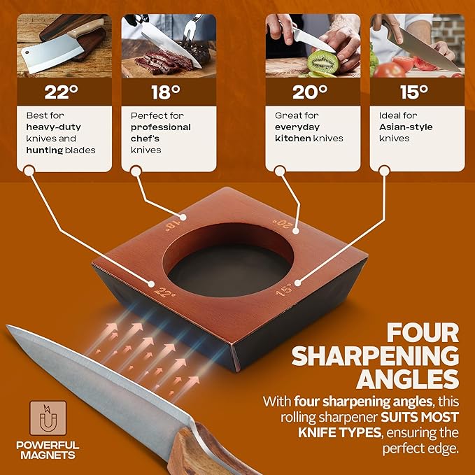Tumbler Rolling Knife Sharpener Kit – Magnetic Manual System with 4 Angles & Walnut Base Diamond & Ceramic Discs | Kitchen Knife Sharpening Tool | Interchangeable, Easy & Safe Design - Image 6