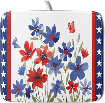 Giwawa 4th of July Flower Dish Drying Mat 16"x18" Independence Day Stars Dish Drainer Mats Watercolor Patriotic Floral Microfiber Dish Drying Rack Pad for Kitchen Countertop Decor