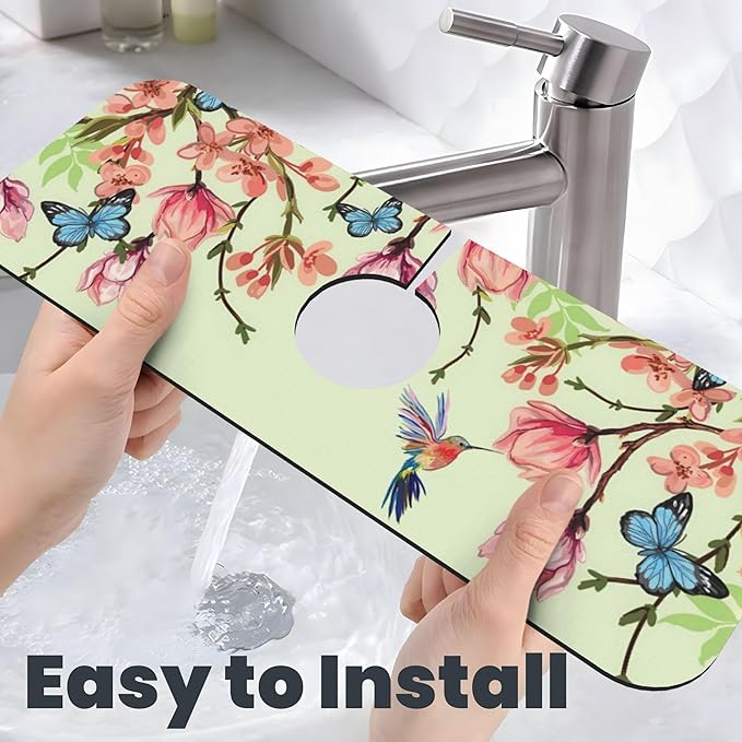 Bird Floral Flowers Dish Drying Mat for Kitchen Counter, 16"x18" Microfiber Absorbent Fast Dry Mat, 2Pcs Dish Mat Faucet Mats Sets, Large Drying Kitchen Mat Kitchen Drying Pad Coffee Bar Decor Gifts