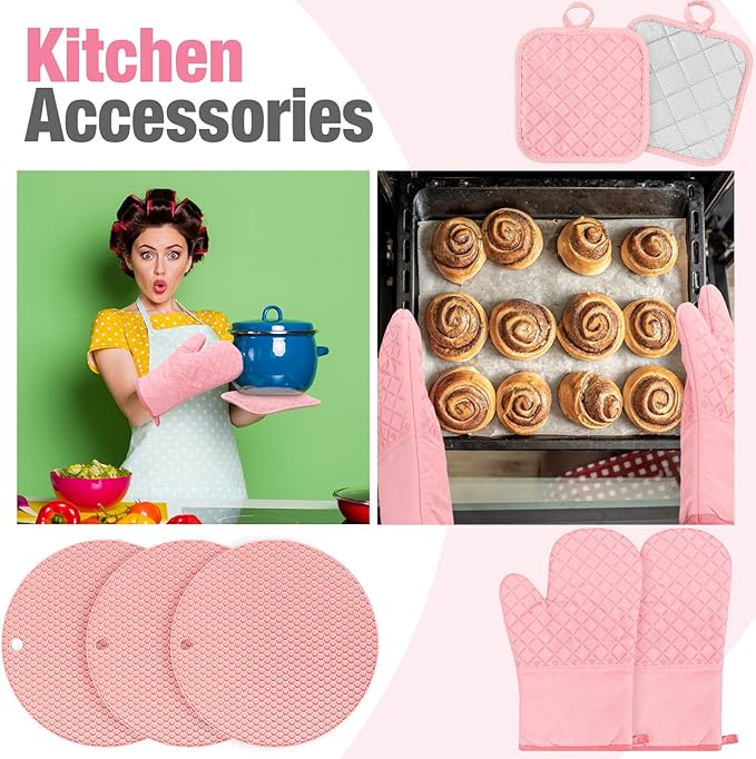 Sumind Pink Oven Mitts and Pot Holders 7 Sets, Heat Resistant Kitchen Gloves Pads Potholders for Mother Women Gifts Pot Holders Kitchen Accessories Gift(Pink,Rubber Cotton,Honeycomb) - Image 6