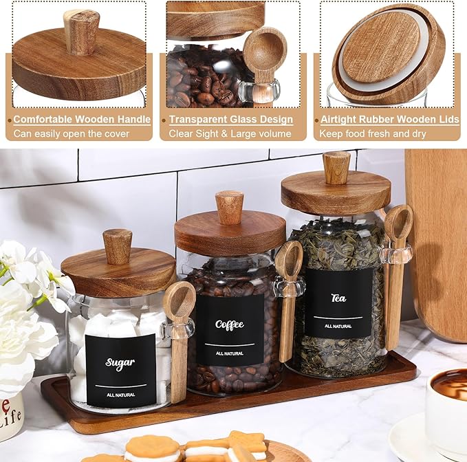 Suclain 3 Pcs Glass Coffee Container with Wooden Lid Spoon Shelf Labels Clear Airtight Jar Food Storage Canister Set for Sugar Spice Coffee Bean Holder Housewarming Gift(13.5,20,25 oz,Acacia Brown) - Image 3