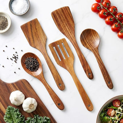 5 Pcs Best Wooden Spoons for Cooking Kitchen Utensils Set Acacia Wood Cooking Spatula Turner Non Toxic Utensil Slotted Serving Spoon Flat Spatulas Set Wooden Utensis Mixing Cooking Spoon Kitchen Tools - Image 4