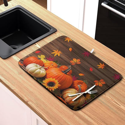 AutumnThanksgiving Pumpkin Dish Drying Mat for Kitchen Counter 16x18 Inch Fall Sunflowers Maple Leaves Harvest Kitchen Drying Mat Microfiber Super Absorbent Dish Rack Drainer Mat with Hanging Loop - Image 6