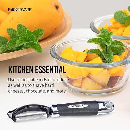 Farberware Pro2 Vegetable Peeler, Euro Peeler with Razor-Sharp Stainless Steel Blade, Swivel Peeler for Potatoes, Fruits, and Vegetables, Built-In Bud Remover, Dishwasher Safe - Image 3