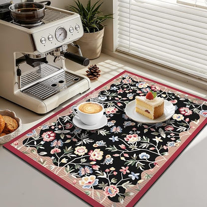 LOKHOM Floral Dish Drying Mat, 18"x24" Super Absorbent Non-slip Bordered Coffee Mat with Oil Painting Black Floral, Cuttable Hide Stain Drying Mat for Kitchen Counter Coffee Maker Espresso Machine - Image 4