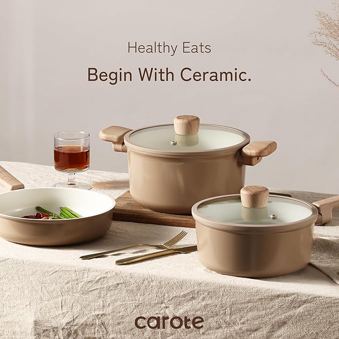 CAROTE 12Pcs Ceramic Pots and Pans Set Non Stick, Healthy Cookware Set, PFAS/PFOA Free, Kitchen Cooking Set with Frying Pans, Taupe - Image 5