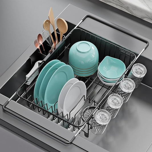 Dish Drying Rack in Sink: Expandable, 3-Slot Utensil Holder, Anti-Slip Handle. Small Dish Rack: Ideal for Small Households. Kitchen Drying Rack: Black
