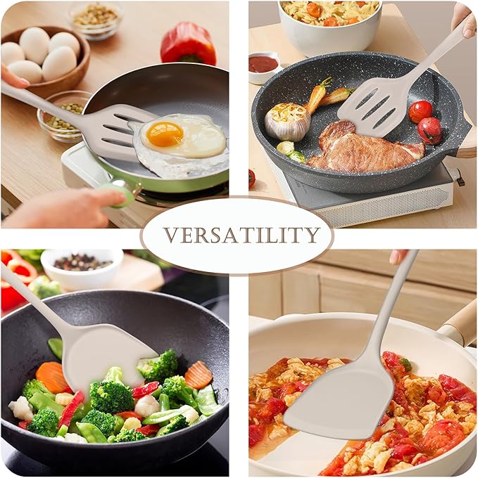 TeamFar Silicone Spatulas, Solid & Slotted Cooking Turner for Non-stick Cookware, 2pcs Kitchen Utensils for Flipping/Turning, Healthy & Seamless, Heat-Resistant & Non-Scratch, Dishwasher Safe, Khaki - Image 5