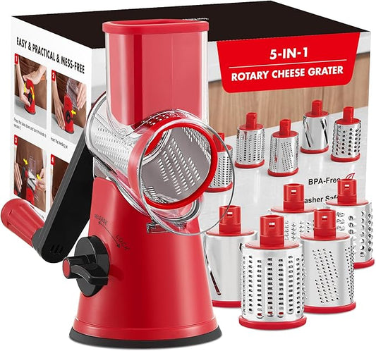 GDL Rotary Cheese Grater, Upgraded 5-in-1 Cheese Grater Hand Crank, Multi-purpose Cheese Shredder with Handle, Vegetable Slicer Cutter Ice Shaver for Potato, Carrot, Nuts, Chocolate by GDL
