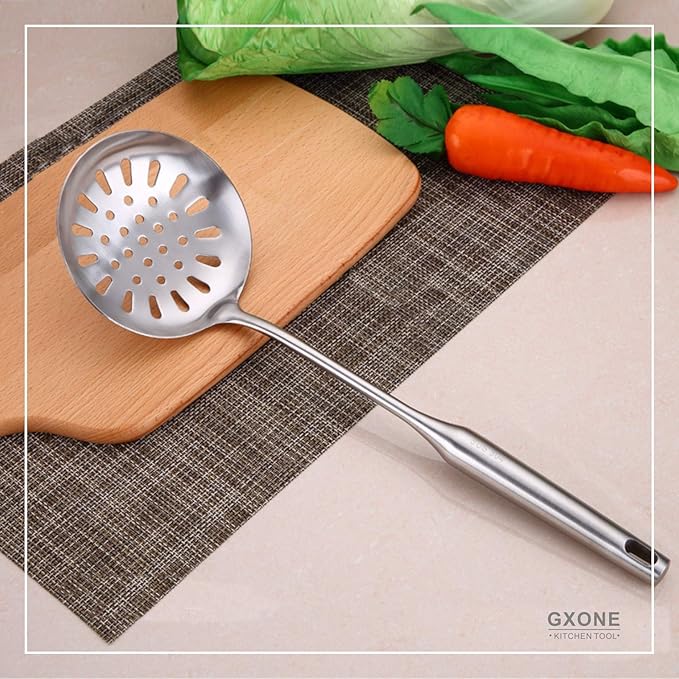 Skimmer Slotted Spoon,304 Stainless Steel Slotted Spoon, Handle Mesh Food Strainer Stainless Steel Colander with Hollow Handle Heat Resistant Cooking Tool,Silver/15.1Inch - Image 5