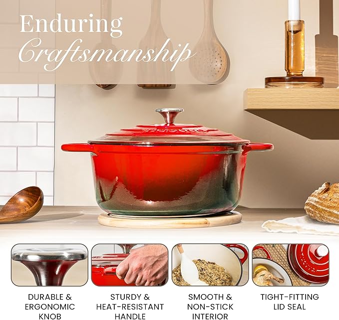 Cast Iron Dutch Oven with Lid – Non-Stick Ovenproof Enamelled Casserole Pot – Sturdy Dutch Oven Cookware – Red, 3.1-Quart, 22cm – by Nuovva - Image 7