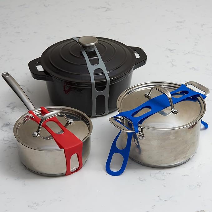 Lid Latch the reusable universal lid securing strap for crockpots, casserole dishes, pots, pans and more. Make it easy to transport your favorite dishes with one simple strap. (Polybag Blue/Grey)