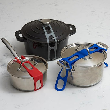 Lid Latch the reusable universal lid securing strap for crockpots, casserole dishes, pots, pans and more. Make it easy to transport your favorite dishes with one simple strap. (Polybag Blue/Grey)