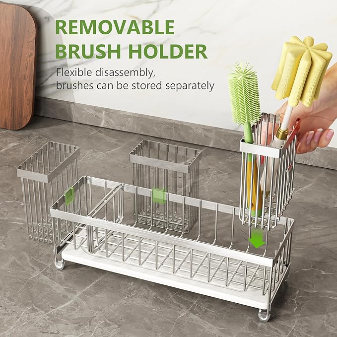 Cisily Extra Large Sink Caddy Organizer with Drying Stone, Silver Sponge Holder for Kitchen, Dish Brush Holder for Countertop, Kitchen Decor Storage and Essentials - Image 5