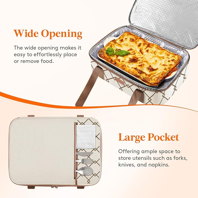 Lifewit Insulated Single Decker Casserole Carrier, Lasagna Lugger Holder for Hot or Cold Food, Fits 9" x 13" Baking Dish, Thermal Lunch Tote Bag for Potluck Parties, Picnic and Cookouts, Cream