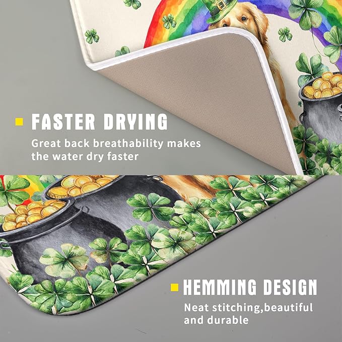 St Patricks Day Drying Mat Samll Lucky Clovers Green Kitchen Decor Counter Mats for Dog Lover - Image 3