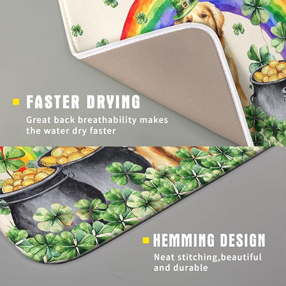 St Patricks Day Drying Mat Samll Lucky Clovers Green Kitchen Decor Counter Mats for Dog Lover - Image 3