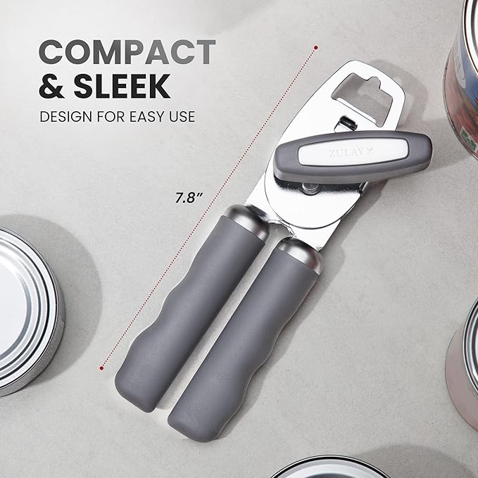 Zulay Kitchen Heavy Duty Stainless Steel Can Opener Manual with Bottle Opener - Rust Proof Manual Can Opener With Turn Knob & Comfy Soft Grip Handles - Gray - Image 2