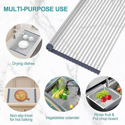 BBXTYLY Extra Large Expandable Roll Up Dish Drying Rack,Over The Sink Drying Rack Sink Cover Kitchen Sink Accessories Kitchen Rolling up Stainless Steel Drainer, Foldable,Rollable（Gray，25.1''-12.4''） - Image 5