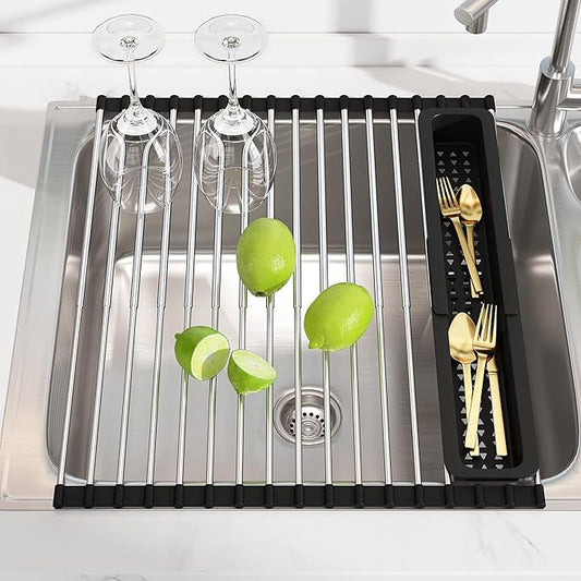 JASIWAY Dish Drying Rack, Roll Up Dryer Rack for Inside Sink, Expandable (12.8"-23.8" D x 15.5" W) 304 Stainless Steel Dish Drainers for Kitchen Counter, Over Sink Cover with Utensil Holder by JASIWAY
