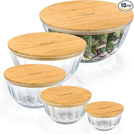 Large Stackable Set of 5 Nesting Glass Bowls with Bamboo Lids for Foodprep, Storage, Baking, Sourdough Mixing & Cooking. Microwave & Oven Safe Heat Resistant Inert Borosilicate Glass by Dokaworld