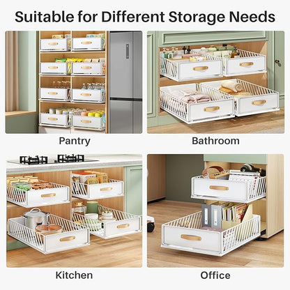 Pull out Cabinet Organizer,Heavy Duty Slide out Pantry Shelves Drawer Storage with Adhesive Nano Film,Sliding Mesh Cabinet Basket with Handle for Kitchen, Bathroom, Home, 15.8"W X 21"D X 6.2"H,White