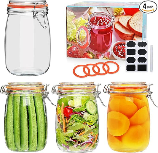 32 oz Wide Mouth Mason Jars with Airtight Hinged Lids, Large Glass Jar with Lid for Pickling, Fermentation, Canning, Food Storage – Set of 4 Glass Storage Containers by Encheng