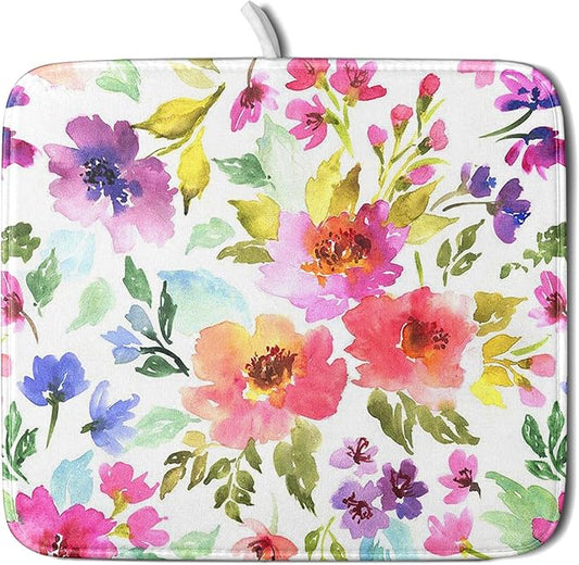 Spring Floral Dish Drying Mat for Kitchen Counter Flower Microfiber Absorbent Dish Draining Reusable Washable Foldable 16"x18" by Unknown