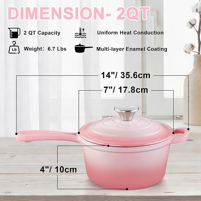 1 Quart Sauce Pan with Lid, Leonyo Small Cooking Pots, Enameled Cast Iron Cookware Set Simmer Pots for Kitchen Induction Boiling Soup, Bread, Ramen - Up to 500°F & Oven Safe, Pink
