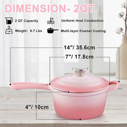 1 Quart Sauce Pan with Lid, Leonyo Small Cooking Pots, Enameled Cast Iron Cookware Set Simmer Pots for Kitchen Induction Boiling Soup, Bread, Ramen - Up to 500°F & Oven Safe, Pink