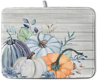 Fall Blue Orange Grey Pumpkin Kitchen Dish Drying Mat for Kitchen Counter 16x18 Inch Autumn Teal Flowers Drying Mat Thanksgiving Harvest Dish Drainer Mat Super Absorbent Dish Rack Pad for Coffee Bar by Kwlegh