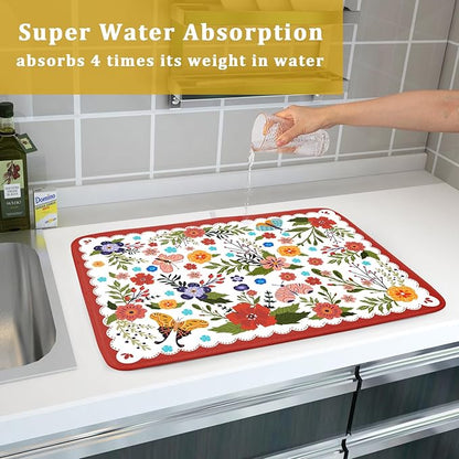 Large Microfiber Dish Drying Mat Red Floral Absorbent Drying Pad for Kitchen Counter - Image 7
