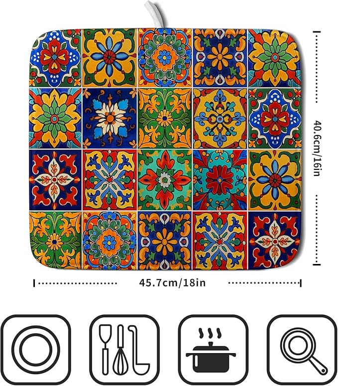 Mexican Tiles Dish Drying Mat for Kitchen Counter Absorbent Microfiber Dish Drying Pad Kitchen Gadgets Multi-use - Image 2