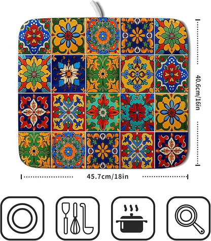 Mexican Tiles Dish Drying Mat for Kitchen Counter Absorbent Microfiber Dish Drying Pad Kitchen Gadgets Multi-use - Image 2