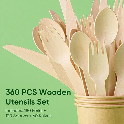 Disposable Wooden Utensils Set, Compostable Utensils, Disposable Cutlery Eco-Friendly Silverware Set for Parties, Catering, Office Lunches-360 PCS (180 Forks, 120 Spoons, 60 Knives)