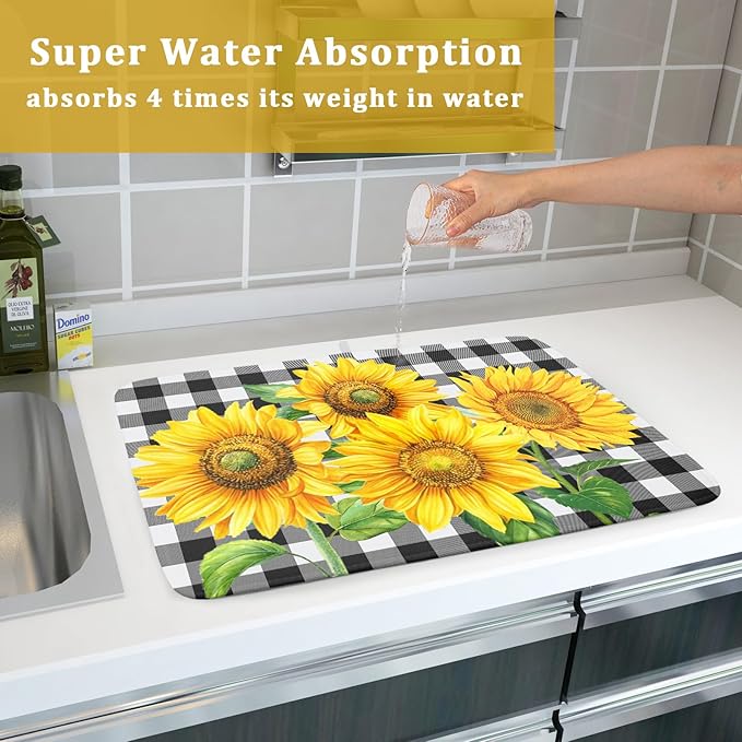 Sunflower Dish Drying Mat for Kitchen Counter Black White Buffalo Plaid Microfiber Absorbent Dish Draining Reusable Washable Foldable Extra Large 18"x24" - Image 7
