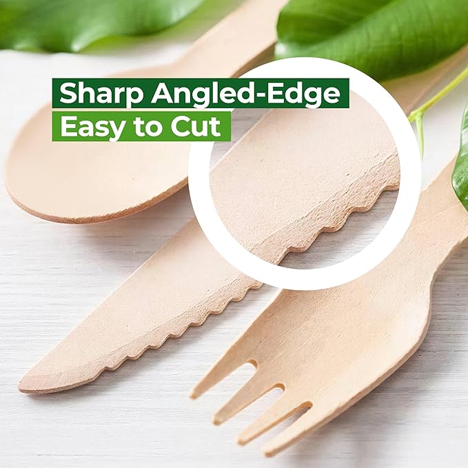 700 PCS Wooden Cutlery Set - 100% Compostable Silverware (300 Forks, 200 Spoons, 200 Knives) - Eco-Friendly Wooden Utensil Set & Disposable Party Utensils, Alternative to Bamboo Cutlery - Image 5